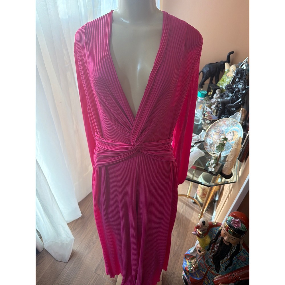 MOM Hot Pink Pleated Deep V-Neck Long Sleeve Wide Leg Jumpsuit Fuchsia Large